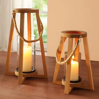 Produktbild von 2x Laterne "Conical" aus Holz, natur, Kerzenständer, Windlicht Kerzenhalter, Hängelaterne