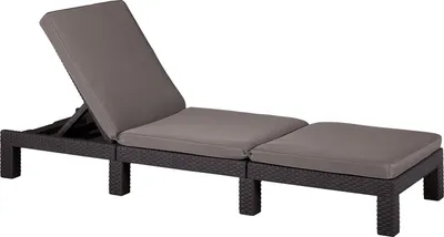 A brown rattan-look chaise lounge with gray cushions on a white background.