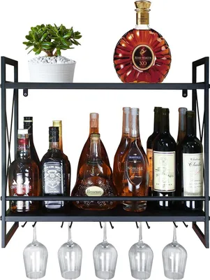 Produktbild von Multifunktionales Wandweinregal - 61 cm Schwarz Metall mit Glashalter und 2-stufigem Flaschenhalter