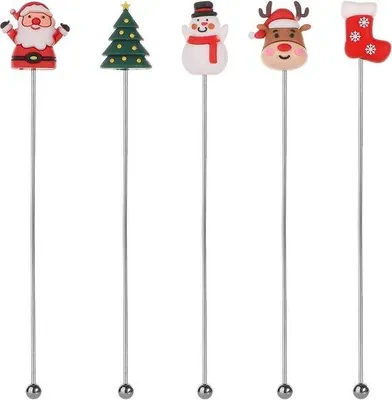 Image de Lot de 5 cuillères à cocktail de Noël en acier inoxydable pour bars et restaurants