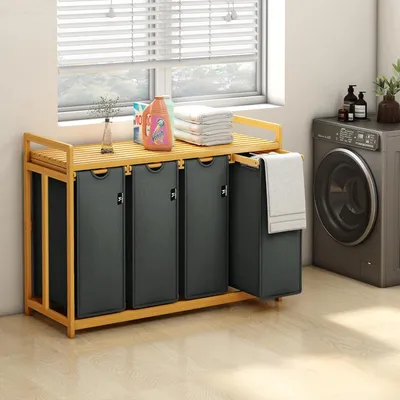 Produktbild von Wäschekorb mit Bambusrahmen - 200L - 4 Fächer - grau - Bambus