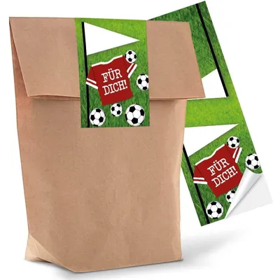 Produktbild von 10 kleine braune Geschenktüten Papier-Tüten mit beschreibbarem Aufkleber Sticker Fußball FÜR DICH 14 x 22 x 5,6 cm Fußball-Party Deko Fußball-Fan Kinder-Tüten Jungen Geburtstags-Tüten Mitgebsel25 Stück