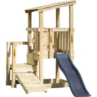 A wooden playground tower with a slide and ramp, photographed against a white background.