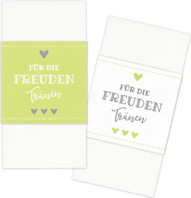 Produktbild von KuschelICH 25 Banderolen Für die Freudentränen zweiseitig mit Klebepunkt zum Verschließen - Taschentuch Banderole Hochzeit hellgrün/weiss