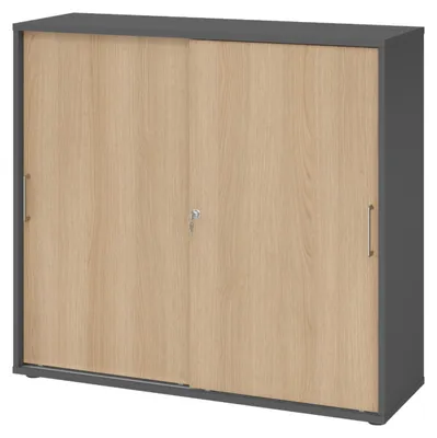 Produktbild von bümö Schiebetürenschrank office - 3 Ordnerhöhen - Nachbildung: Graphit/Eiche, Griff: Bügelgriff (Metall)