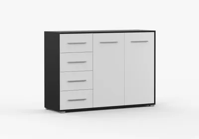 Produktbild von Kommode LOUI X 01 2D4S Sideboard mit 4 Schubladen und 2 Türen, Wohnzimmerschrank Schlafzimmer Flur Schwarz Matt / Weiß Matt