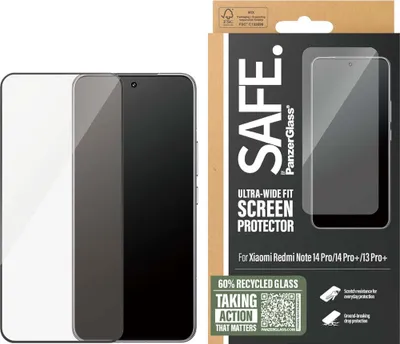 Product packaging for a screen protector, with a depiction of the product and a smartphone.