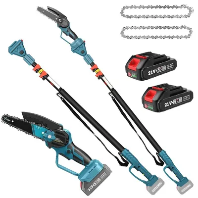 Obrázek produktu pro Hochentaster – Elektrická řetězová pila s teleskopickou tyčí – 2 v 1 – Bezuhlíkový motor – 15 cm pilový řetěz – 2 baterie