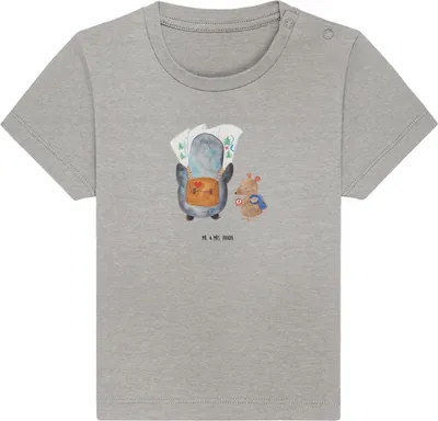 Produktbild von Mr. & Mrs. Panda  T-Shirt Pinguin & Maus Wanderer 12. - 18. Monat - Heather Grey - Geschenk, Organic Baby, Wandern, Öko, Kinder, Babyshirt, Shirt, Pinguine, Ausflug