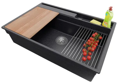Produktbild von PRIMAGRAN Spülbecken Anthrazit 78x53cm, Granitspüle 1 Becken + Ablauf-Set + Küchenzubehörset, Küchenspüle ab 80er Unterschrank - Oslo Pocket