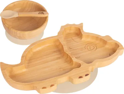 Produktbild von 3pc Beige Kinder Bambus Dinosaurier Teller, Schüssel & Löffel-Set mit Silikon-Saugnapf - Segmentiertes Design Baby & Kleinkind Entwöhnung Geschirr - Umweltfreundlich & Biologisch Abbaubar - Von Tiny Dining