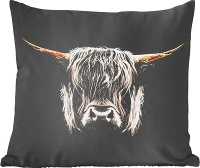 Produktbild von MuchoWow® Zierkissen Sofakissen Wohnzimmer Dekokissen 40x40 cm Schottisches Hochlandrind - Schwarz - Weiß - Hörner - Foto Kissen - Schlafzimmer Dekoration