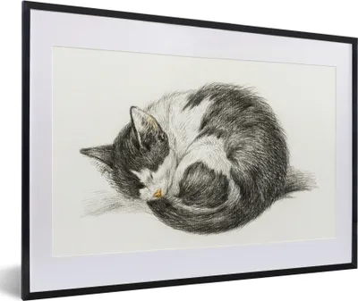 Produktbild von MuchoWow® MuchoWow® Gerahmtes Poster Schlafende Katze zusammengerollt - Gemälde von Jean Bernard 60x40 cm - Poster mit zchwarzem Bilderrahmen - Schlafzimmer - Plakat in Rahmen - Drucken