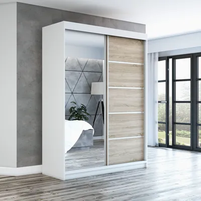 Produktbild von Schwebetürenschrank Kleiderschrank GAP 120 cm Schrank Garderobe Spiegel.Verschiedene Farben (Weiß, Schwarz, Somona). Möbel vom Hersteller!