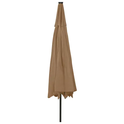 A closed taupe umbrella on a white background.