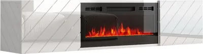 A modern white TV lowboard with a black electric fireplace insert.