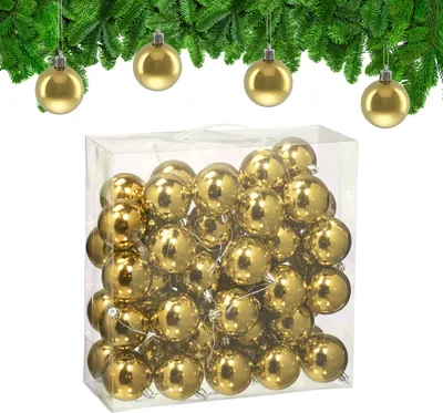 Imagen del producto de Adornos navideños Relaxdays, juego de 50 unidades, de plástico, diámetro: 6 cm, decoración festiva para el árbol de Navidad, adornos brillantes, color dorado
