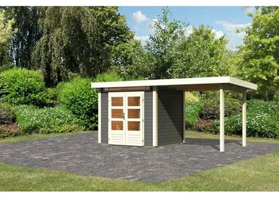 Produktbild von Gartenhaus Karibu Skandi 2 inkl. Anbaudach 2,35 m 492 x 232 cm terragrau