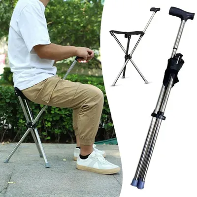 Zdjęcie produktu dla Składany trójnóg z siedziskiem - 2 w 1: trójnóg i taboret - 80 cm - rączka w kształcie litery T - lekki - antypoślizgowa gumowa końcówka - stal węglowa - czarny