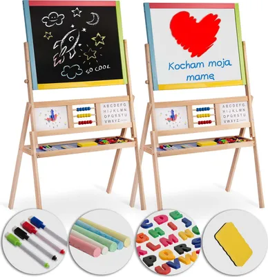 Two easels with chalkboards and whiteboards, along with various art supplies shown in circular insets at the bottom.