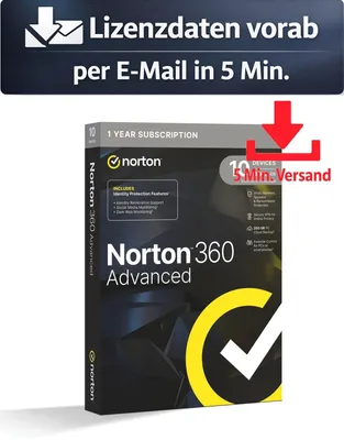 Produktbild von Norton 360 kein ABO Advanced inkl. 200 GB (10 Device - 1 Jahr) DE, Italy, France Antivirus Sicherheit 5 Min. Versand als Download per Mail