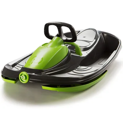 A black and green sled with a steering wheel, shown on a white background.