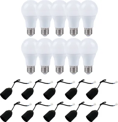 Produktbild von 10 x LED Leuchtmittel 15W = 100W E27 matt 1490lm warmweiß + 10 x Baufassung Renovierfassung Lampenfassung schwarz