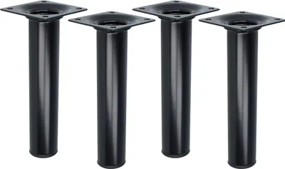 Four black cylindrical furniture legs with square mounting plates are arranged in a row against a white background.