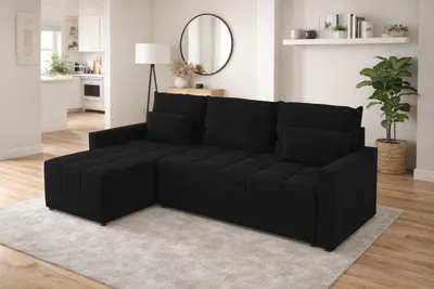 Produktbild von Ecksofa DOMINO L mit Schlaffunktion und Bettkasten, Schlafsofa 226 cm, L-Form Sofa Schwarz, universal montierbar, Webstoff INARI 100