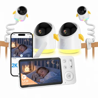 Zdjęcie produktu dla BOIFUN, monitor do obserwacji dziecka z dwoma kamerami, rozdzielczość 2K, 3MP, 5-calowy ekran, monitor dla dziecka z Wi-Fi i aplikacją, funkcja podziału ekranu, obracana kamera (360°), tryb nocnej obserwacji, wykrywanie ruchu, w zestawie 2 uchwyty do monitora