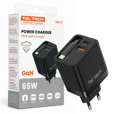Produktbild von Teltech Schnellladegerät GaN USB / USB-C / Kabel USB-C 65W 65W PD PPS