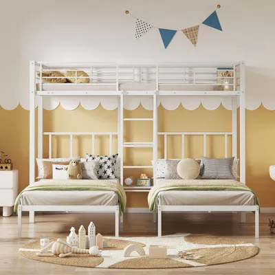 Imagen del producto de Cama nido de tres plazas, estructura de metal, 90x200 cm, color blanco, con escalera y mesa