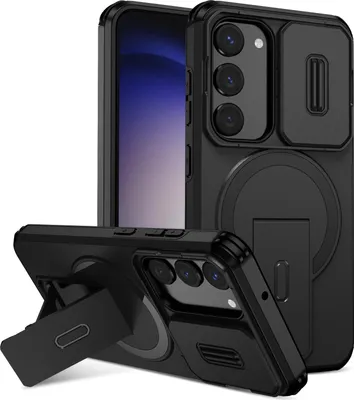 Obrázek produktu pro Magnetické pouzdro pro Samsung Galaxy S23, dvouvrstvé odolné pouzdro s posuvnou ochranou fotoaparátu a nastavitelným stojánkem Černá