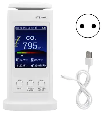 Obrázek produktu pro ST8310A: Přístroj pro měření a záznam koncentrace oxidu uhličitého, detektor kvality vzduchu, monitor teploty a vlhkosti. Napájení: EU, 100-240V