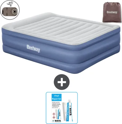 An inflatable air mattress with accessories shown below.