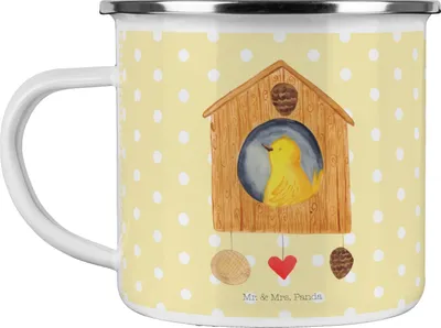 Produktbild von Mr. & Mrs. Panda Emaille Tasse Vogel Haus - Gelb Pastell - Geschenk, Pott, Lustige Sprüche, Becher, Teetasse, Wohnung, Familie, Castle, Nest, Zuhause, Haferl