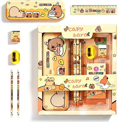 Productafbeelding van Capybara-schrijfset - Schrijfset met schattige pootjes - Etui - Liniaal - Potlood - Notitieboekje - Gum