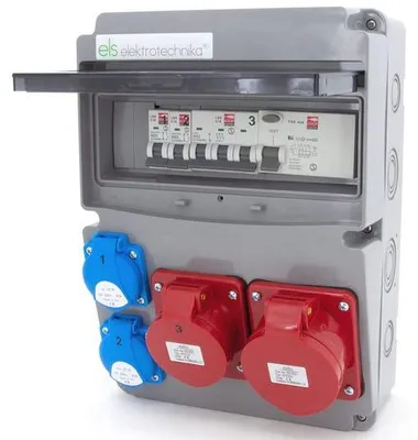 Zdjęcie produktu dla Rozdzielnica ścienna z wyłącznikiem różnicowoprądowym (FI), gniazdami Schuko 2 x 230 V, złączami CEE i zabezpieczeniem nadprądowym