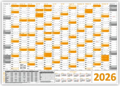 Produktbild von XL Wandkalender Wandplaner 2026 orange (gerollt) DIN A1 Format (594 x 841 mm) 14 Monate komplette Jahresvorschau Folgejahr und Ferientermine Feiertage aller Bundesländer