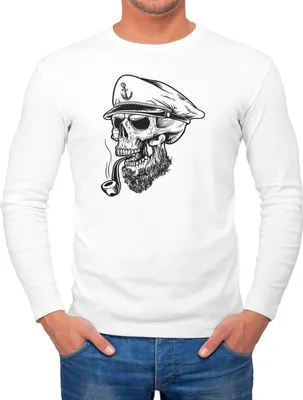 Produktbild von Herren Long-Sleeve Captain Skull Beard Kapitän Totenkopf Bard Sailor Schädel Langarm-Shirt Neverless® weiß S
