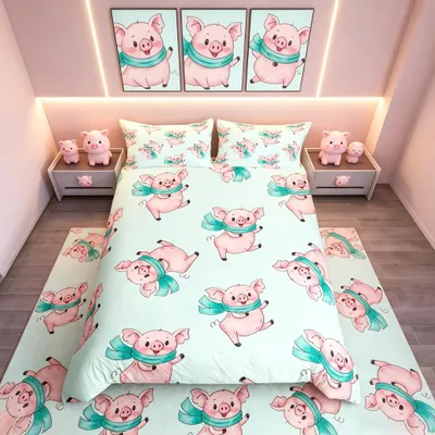 Imagen del producto de Funda de edredón con un adorable estampado de cerditos para niños
