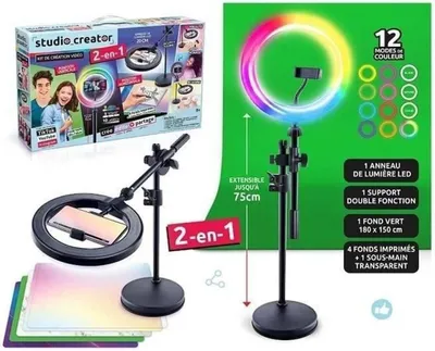A product image showing a video creation kit with a ring light, stand, and various backgrounds, presented with promotional text and graphics.