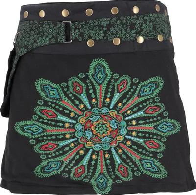 Produktbild von Wickelrock, Bestickter Kurzer Goa Rock, Cacheur - Schwarz/grün, Damen, Mehrfarbig, Baumwolle, Röcke