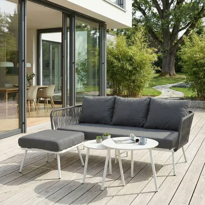 Produktbild von Gartenlounge MYKONOS, weiß/grau - Balkon Lounge Sofa mit Dreisitzer, Hocker & Beistelltisch, wasserabweisende Kissen, wetterfest für Balkon und Terrasse
