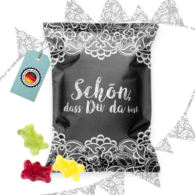 Produktbild von Fruchtgummi Tütchen Schön, dass du da bist schwarz weiß – Gastgeschenk Hochzeit10 Stück