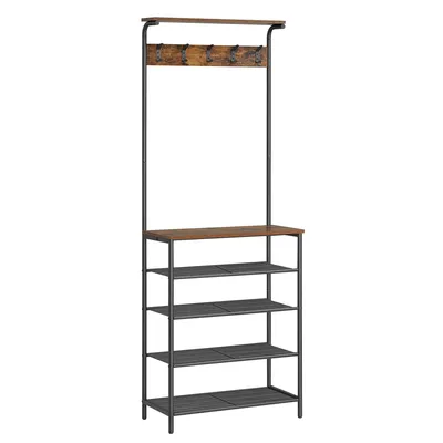 A tall, narrow hall tree with a shelf at the top, a rack of coat hooks below it, a wider shelf, and five tiers of shoe shelves below that, all with a dark metal frame and distressed wood-look shelves.