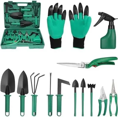 Produktbild von Coolty Gartenwerkzeug, 13 teiliges Teiliges Gartengeräte Set mit Aufbewahrungsbox, Garden Tools für Gartenliebhaber Grün