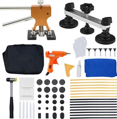Image de SucceBuy Kit d'élimination des bosses de 60 pièces pour une réparation qui préserve la peinture, comprenant un cric doré, un tire-pont, un marteau en caoutchouc, un pistolet à colle et des outils pour éliminer les dommages causés par la grêle sur les carrosseries de véhicules