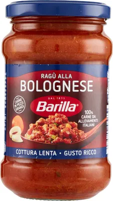 A jar of Barilla Ragu alla Bolognese sauce against a white background.
