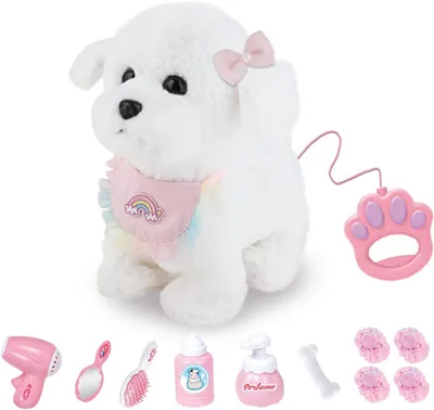 Produktbild von Kinder Elektroleine Plüschhund, realistischer interaktiver Hund der rennt, bellt und mit dem Schwanz wedelt, inkl. Welpenzubehör